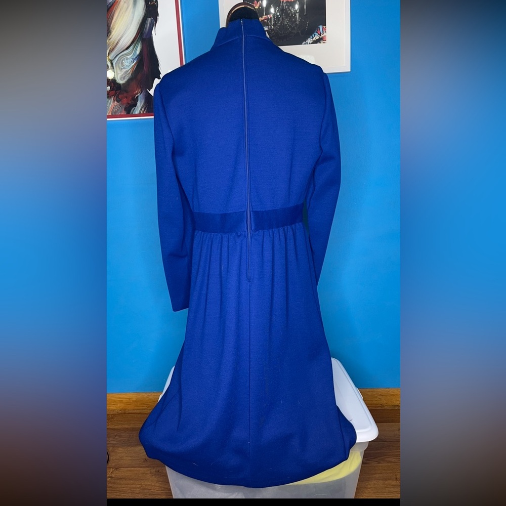 Vintage 1960's ADELE MARTIN Original KNIT WOOL DRESS Blue, Long Sleeve, Medium - Picture 2 of 11